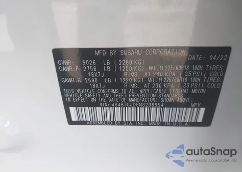 2022 Subaru Outback Onyx Edition Xt from USA, damaged, VIN 4S4BTGJD5N3236994